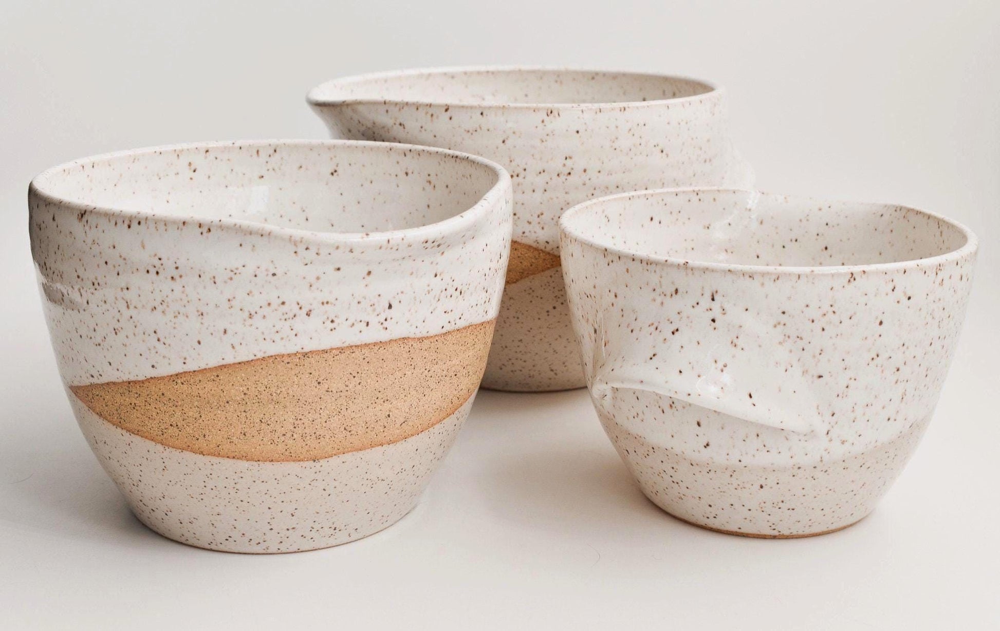 Handcrafted ceramic batter bowl with pour spout and handle, modern farmhouse pottery mixing bowl with abstract glaze