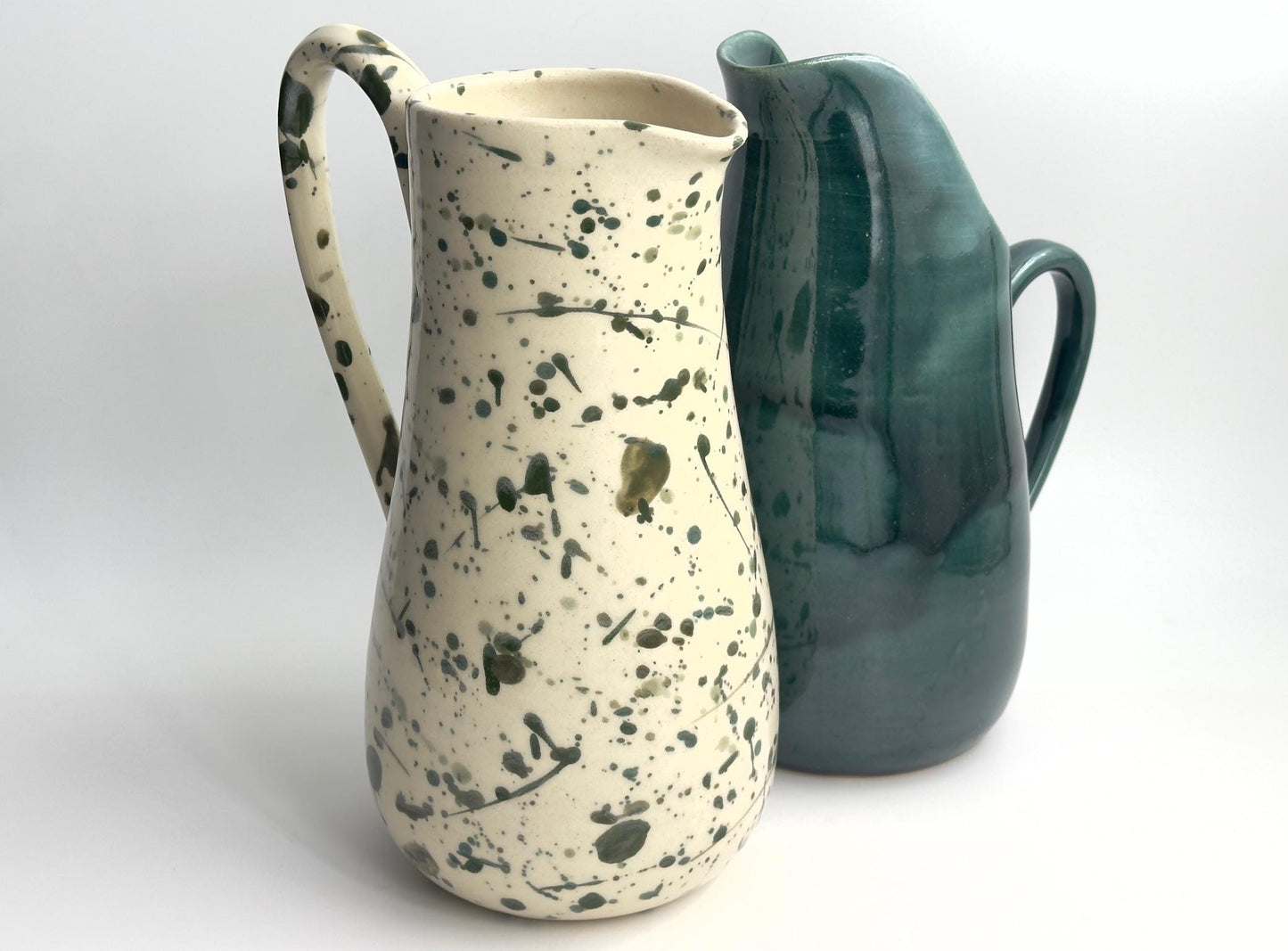 Tall Green Splatterware Ceramic Pitcher - Hand Thrown Porcelain, 64 oz One of a Kind Pottery Splattered Hand painted Cottage Decor