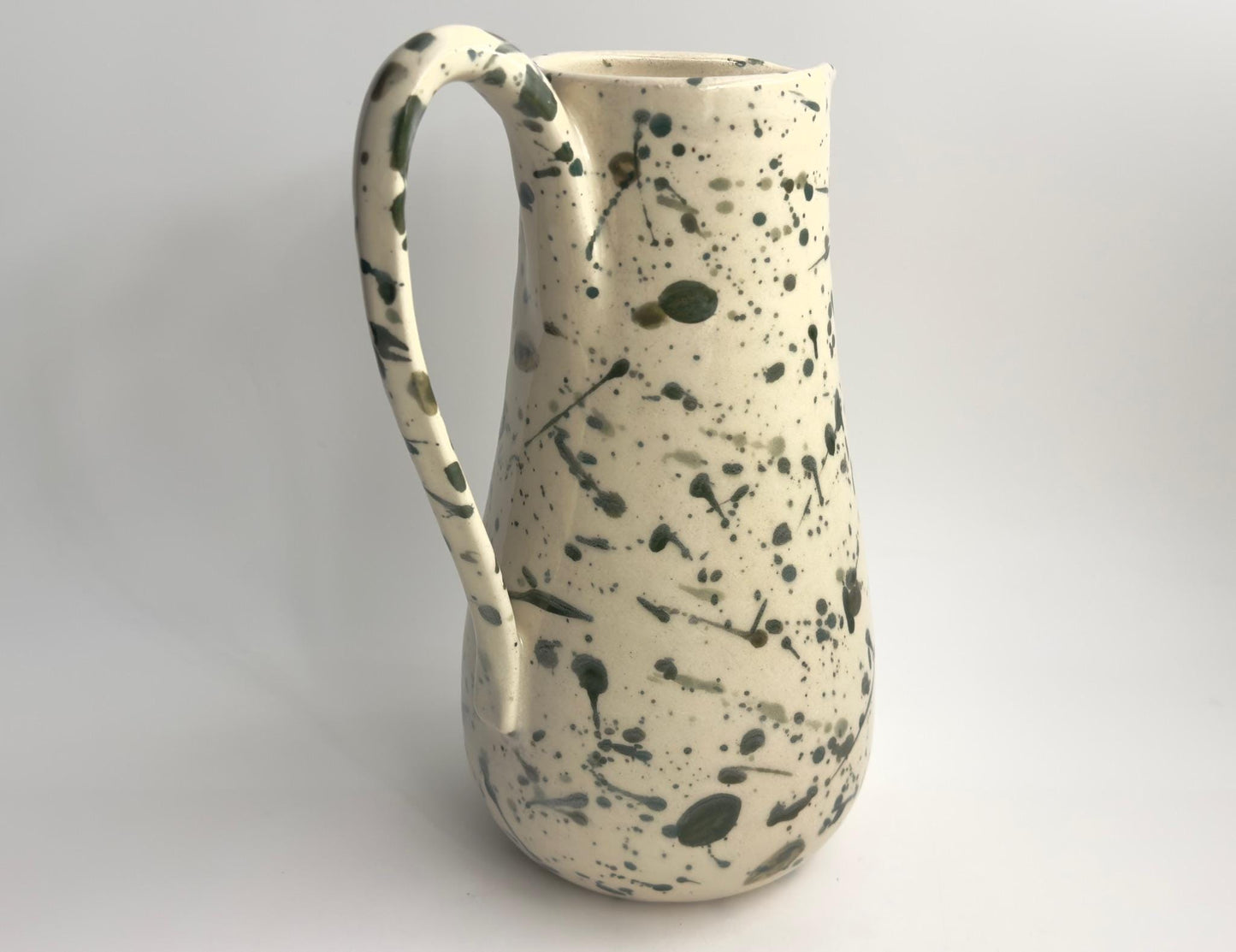 Tall Green Splatterware Ceramic Pitcher - Hand Thrown Porcelain, 64 oz One of a Kind Pottery Splattered Hand painted Cottage Decor