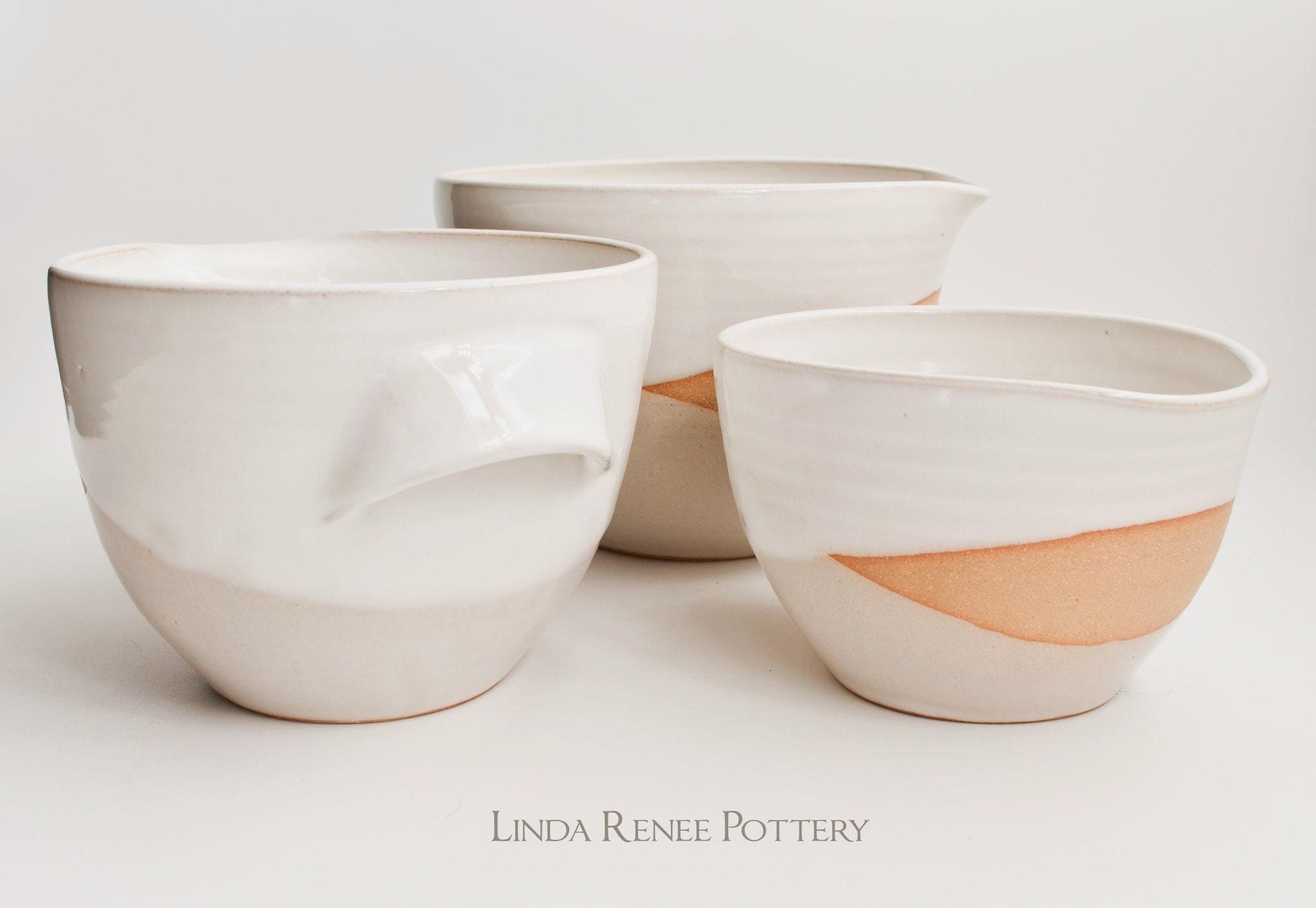 Handcrafted ceramic batter bowl with pour spout and handle, modern farmhouse pottery mixing bowl with abstract glaze