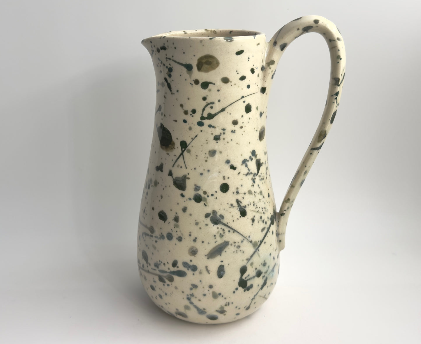 Tall Green Splatterware Ceramic Pitcher - Hand Thrown Porcelain, 64 oz One of a Kind Pottery Splattered Hand painted Cottage Decor