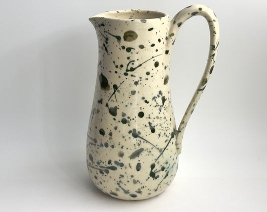 Tall Green Splatterware Ceramic Pitcher - Hand Thrown Porcelain, 64 oz One of a Kind Pottery Splattered Hand painted Cottage Decor