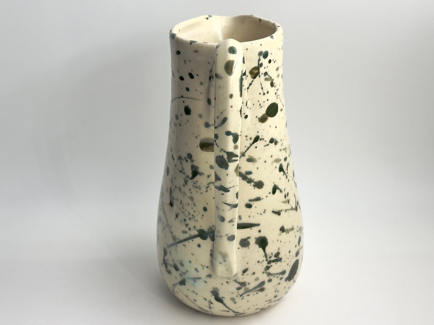 Tall Green Splatterware Ceramic Pitcher - Hand Thrown Porcelain, 64 oz One of a Kind Pottery Splattered Hand painted Cottage Decor