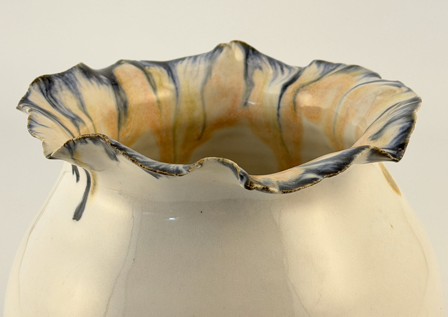 Handmade Sculptural Ceramic Vase. One-of-a-Kind Contemporary Art Vase, Petal Rim, White Glaze