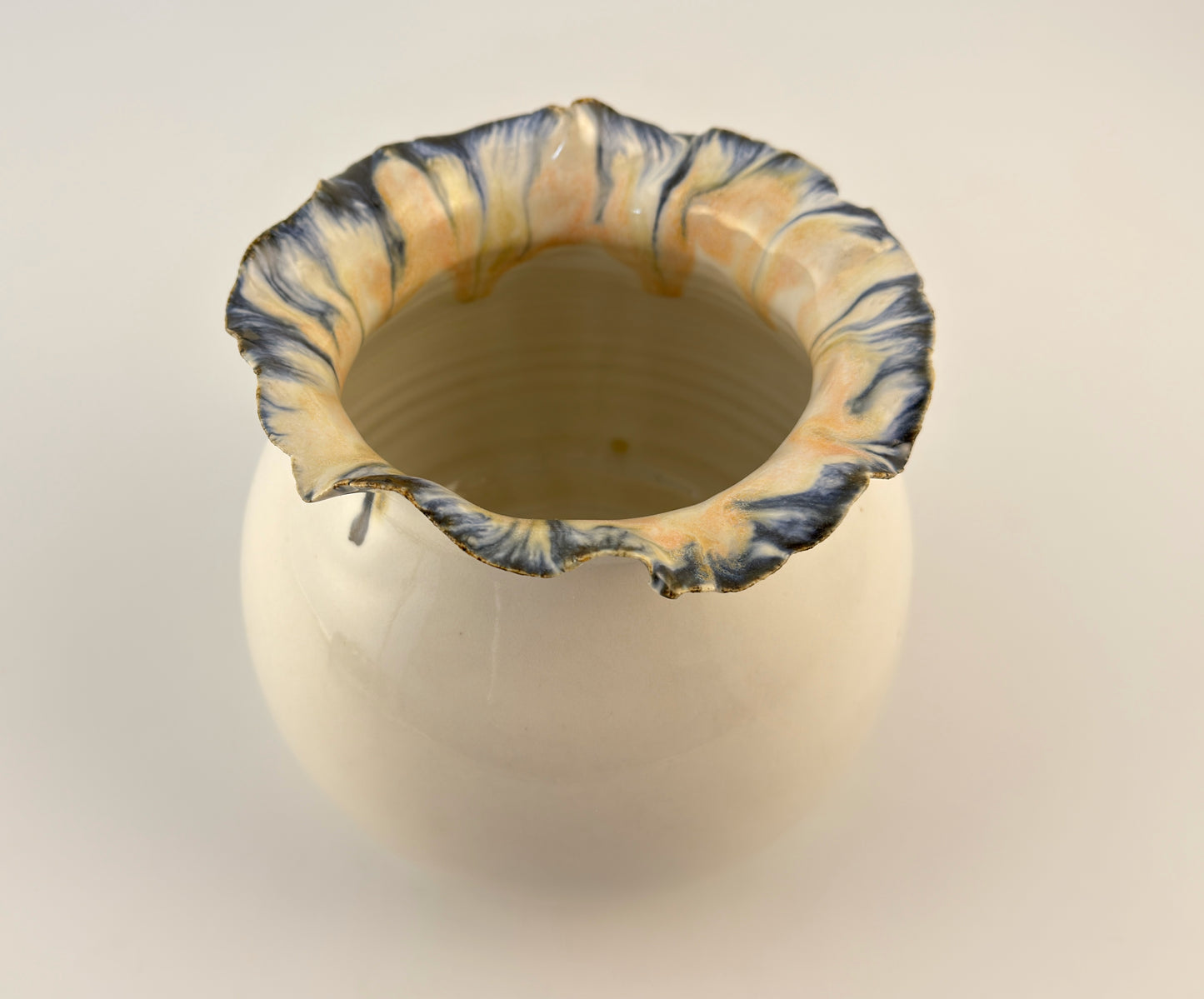 Handmade Sculptural Ceramic Vase. One-of-a-Kind Contemporary Art Vase, Petal Rim, White Glaze